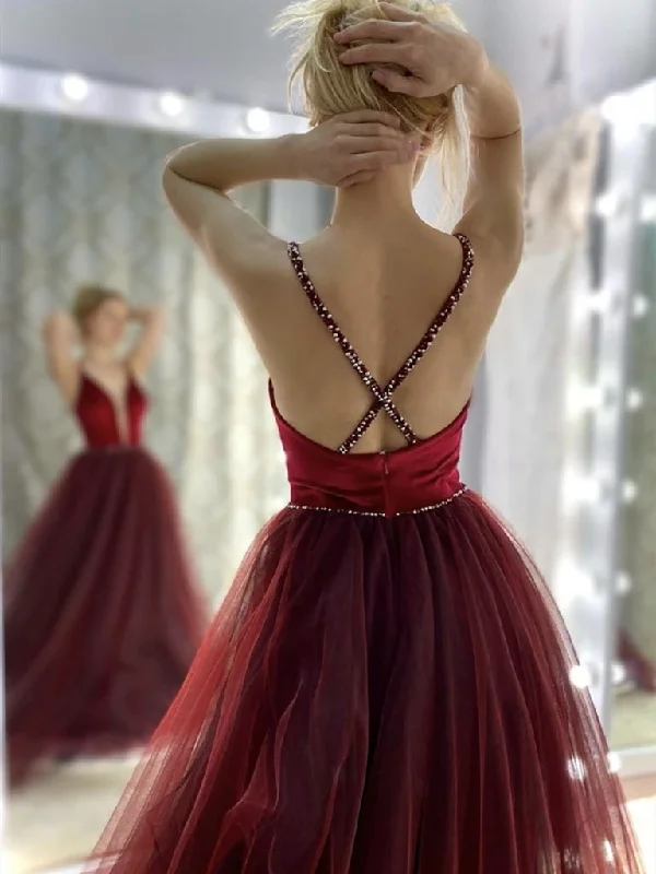 Sexy Deep V Neck Open Back Burgundy Long Tulle Prom Dresses, Wine Red Backless Long Formal Evening Dresses Sexy Deep V Neck Open Back Burgundy Long Tulle Prom Dresses, Wine Red Backless Long Formal Evening Dresses