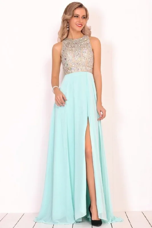 2024 Prom Dresses Scoop Chiffon With Beads And Slit A Line P11YR944