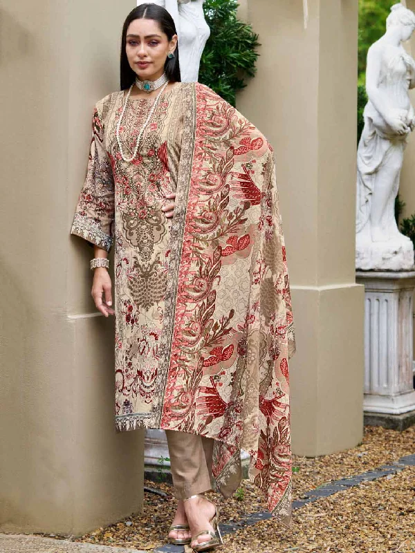 Women's Brown Pakistani Print Unstitched Cotton Suit Dress Material