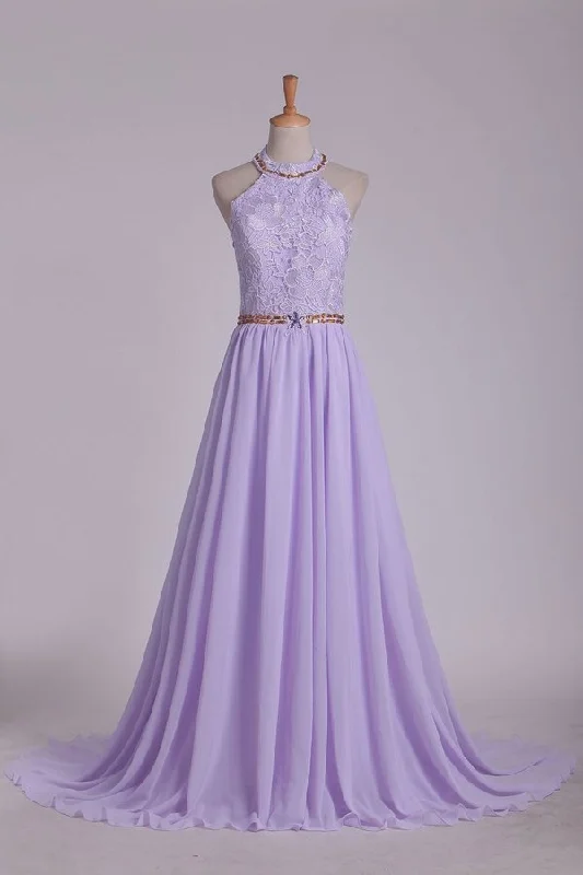 2024 Prom Dresses A Line Halter Chiffon & Lace With Beading Sweep Train Open PMRQ9JFP 2024 Prom Dresses A Line Halter Chiffon & Lace With Beading Sweep Train Open PMRQ9JFP