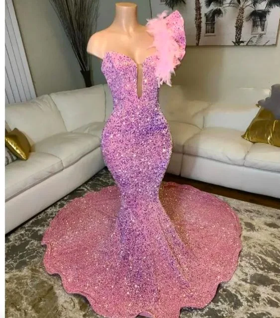 Pink Mermaid Prom Dress Glitter Sequins Beaded Feather One Shoulder Evening Reception Birthday Engagement Gowns Y6672 Pink Mermaid Prom Dress Glitter Sequins Beaded Feather One Shoulder Evening Reception Birthday Engagement Gowns Y6672