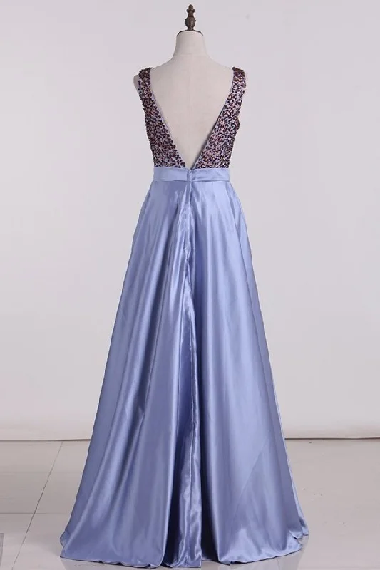 2024 Satin Prom Dresses A Line Beaded Bodice Open P3CS7YNZ