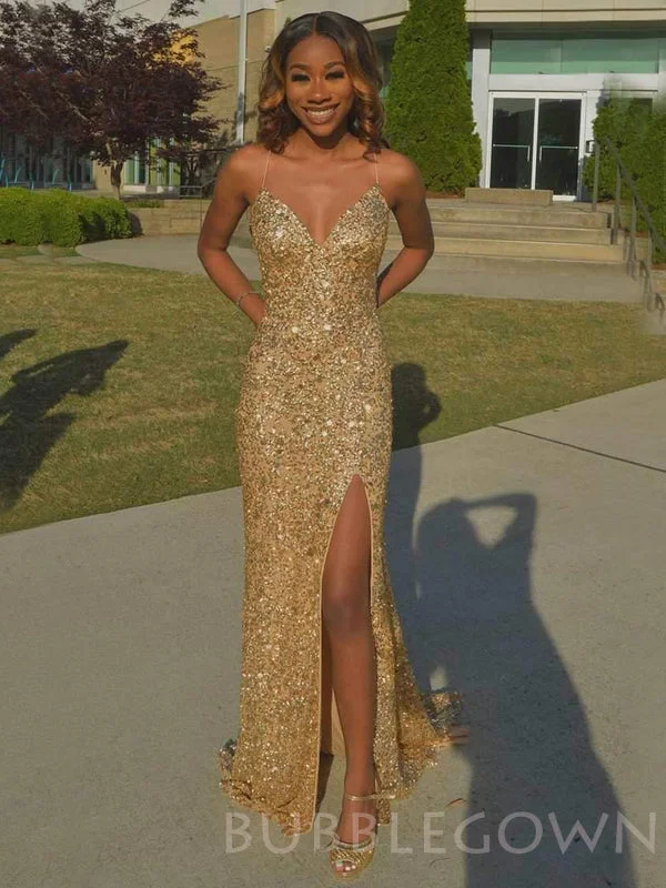 Gold Sequin Spaghetti Straps Long Mermaid Evening Prom Dresses, Cheap Custom Prom Dresses, MR7860 Gold Sequin Spaghetti Straps Long Mermaid Evening Prom Dresses, Cheap Custom Prom Dresses, MR7860
