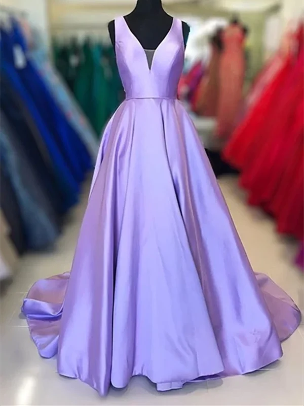 A Line V Neck Purple Satin Long Prom Dresses, Graduation School Party Gown, Purple Formal Evening Dresses A Line V Neck Purple Satin Long Prom Dresses, Graduation School Party Gown, Purple Formal Evening Dresses