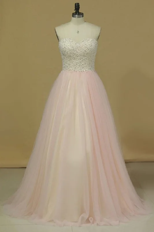 2024 Prom Dresses Sweetheart Beaded Bodice A Line Tulle PM5H3STY