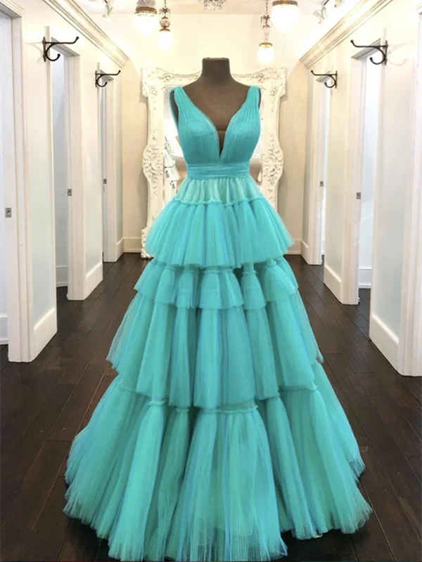 A Line V Neck Green Tulle Long Prom Dresses, V Neck Green Tulle Long Formal Evening Dresses A Line V Neck Green Tulle Long Prom Dresses, V Neck Green Tulle Long Formal Evening Dresses
