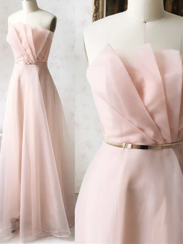 Unique Strapless Pink Tulle Long Prom Dresses, Strapless Pink Tulle Long Formal Evening Dresses Unique Strapless Pink Tulle Long Prom Dresses, Strapless Pink Tulle Long Formal Evening Dresses