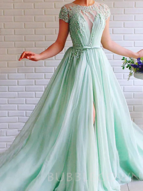 A-line Mint Green Tulle Beaded High Slit Long Evening Prom Dresses, Cheap Custom Prom Dress, MR7835 A-line Mint Green Tulle Beaded High Slit Long Evening Prom Dresses, Cheap Custom Prom Dress, MR7835