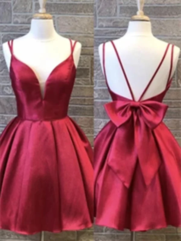 V Neck Burgundy Backless Short Prom Dresses, Burgundy Satin Short Prom Dresses Homecoming Dresses V Neck Burgundy Backless Short Prom Dresses, Burgundy Satin Short Prom Dresses Homecoming Dresses
