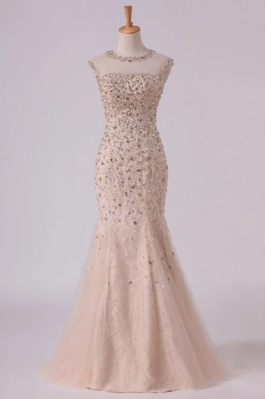 2024 Scoop Prom Dresses Mermaid Beaded Tulle PM3Q26JA