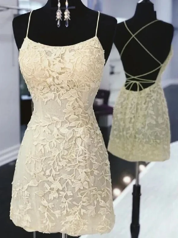 Short Yellow Backless Lace Prom Dresses, Short Open Back Lace Formal Homecoming Graduation Dresses Short Yellow Backless Lace Prom Dresses, Short Open Back Lace Formal Homecoming Graduation Dresses