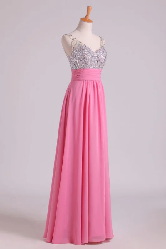 2024 Prom Dresses A Line V Neck Chiffon With Beading/Sequins Sleeveless Floor P98QLD19