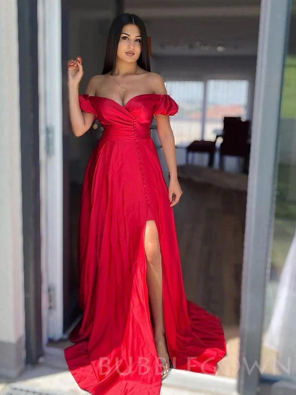 Off Shoulder Red Satin A-line Long Evening Prom Dresses, Cheap Custom prom dresses, MR7842 Off Shoulder Red Satin A-line Long Evening Prom Dresses, Cheap Custom prom dresses, MR7842