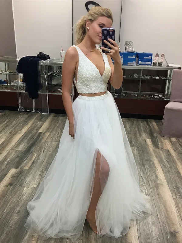 V Neck Two Pieces Beaded White Prom Dresses with Leg Slit, 2 Pieces White Sequins Formal Evening Dresses V Neck Two Pieces Beaded White Prom Dresses with Leg Slit, 2 Pieces White Sequins Formal Evening Dresses