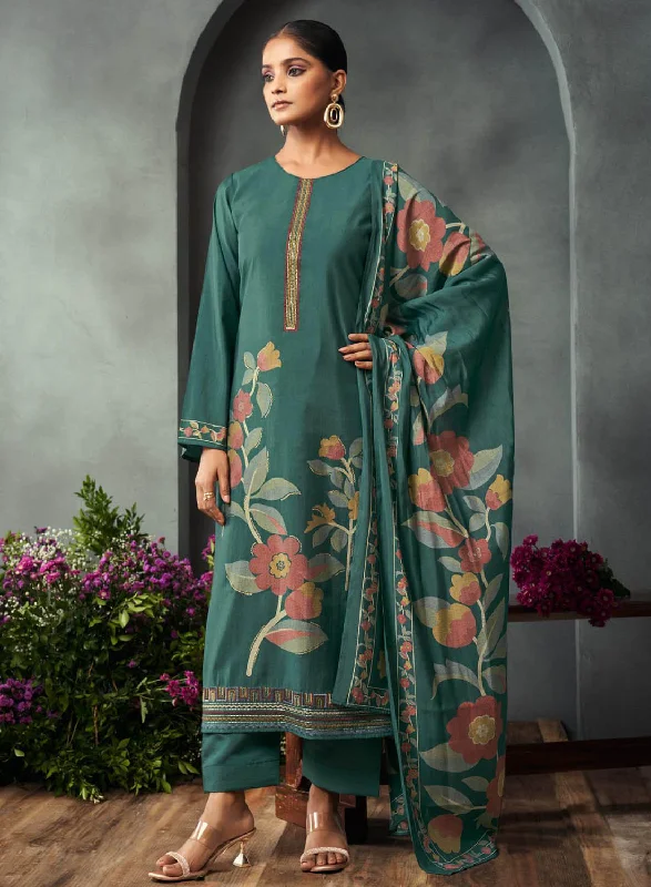 Green Unstitched Pure Muslin Salwar Suit Dress Material with Embroidery