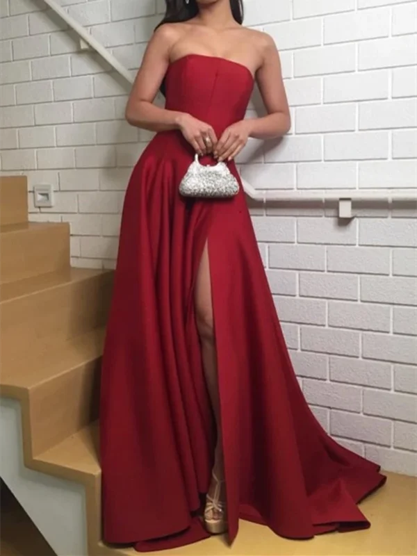 Strapless Satin Dark Red Prom Dresses with Slit Side, Red Satin Long Formal Evening Dresses Strapless Satin Dark Red Prom Dresses with Slit Side, Red Satin Long Formal Evening Dresses