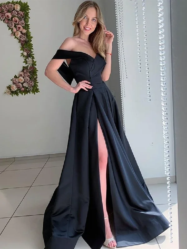 Off Shoulder Black Satin Long Prom Dresses with High Slit, Off The shoulder Black Formal Graduation Evening Dresses Off Shoulder Black Satin Long Prom Dresses with High Slit, Off The shoulder Black Formal Graduation Evening Dresses