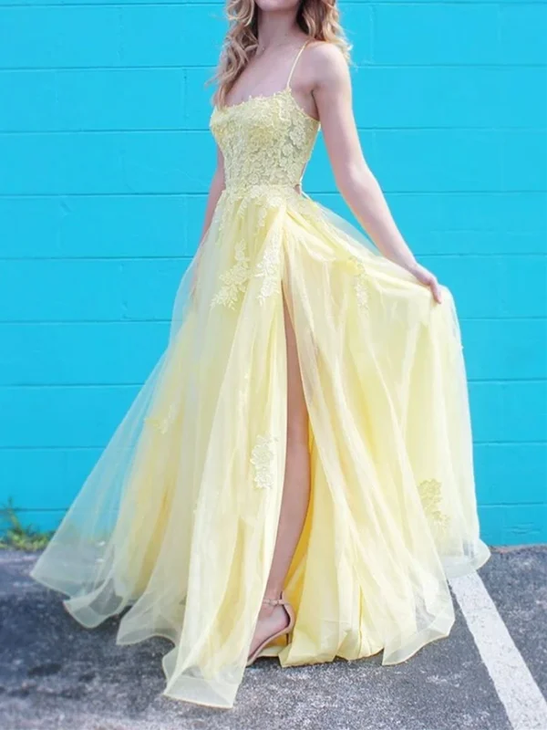 A Line Spaghetti Straps Yellow Lace Long Prom Dress with High Slit, Yellow Lace Formal Graduation Evening Dress A Line Spaghetti Straps Yellow Lace Long Prom Dress with High Slit, Yellow Lace Formal Graduation Evening Dress