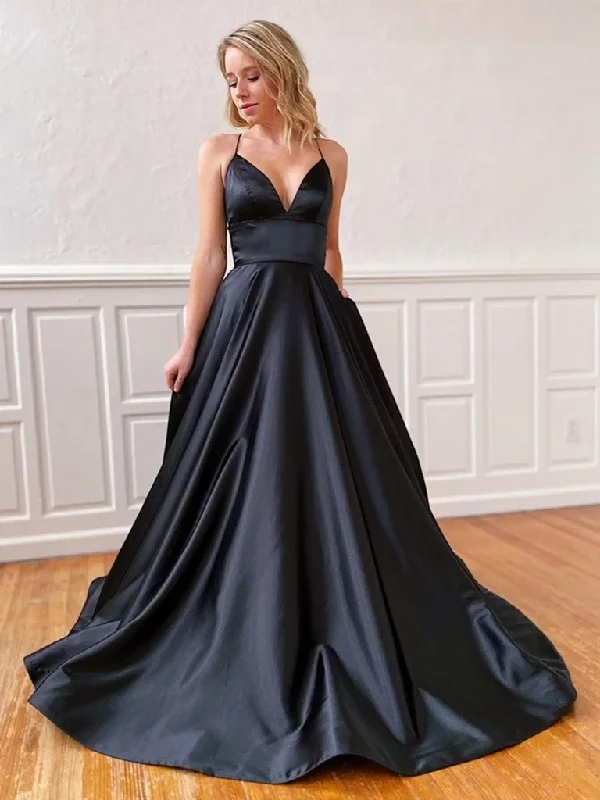 A Line V Neck Black Backless Satin Prom Dresses, Open Back V Neck Black Long Satin Formal Evening Dresses A Line V Neck Black Backless Satin Prom Dresses, Open Back V Neck Black Long Satin Formal Evening Dresses