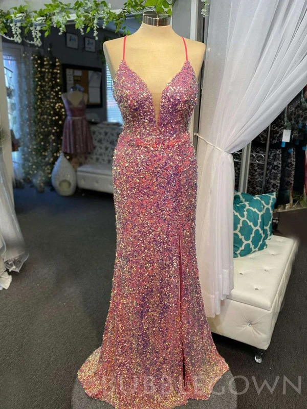 Deep V-neck Mermaid Sequin Spaghetti Straps Long Evening Prom Dresses, Cheap Custom Prom Dresses, MR7979 Deep V-neck Mermaid Sequin Spaghetti Straps Long Evening Prom Dresses, Cheap Custom Prom Dresses, MR7979