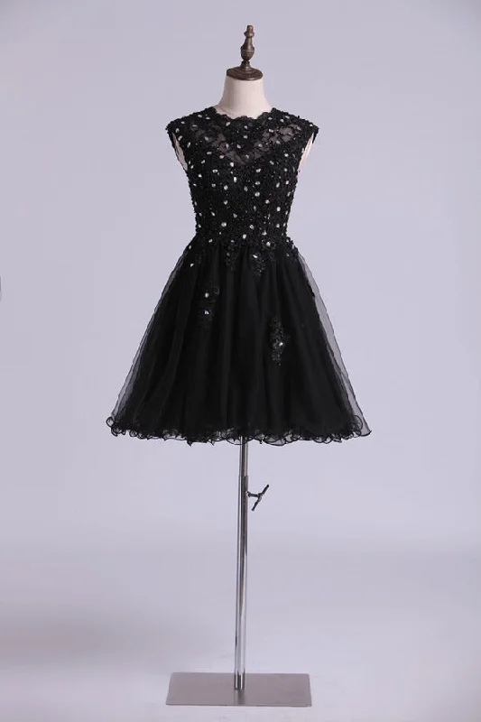 2024 Scoop Prom Dress A Line Tulle Skirt Embellished Bodice With Beads & Applique Cap PCRX6FLA 2024 Scoop Prom Dress A Line Tulle Skirt Embellished Bodice With Beads & Applique Cap PCRX6FLA