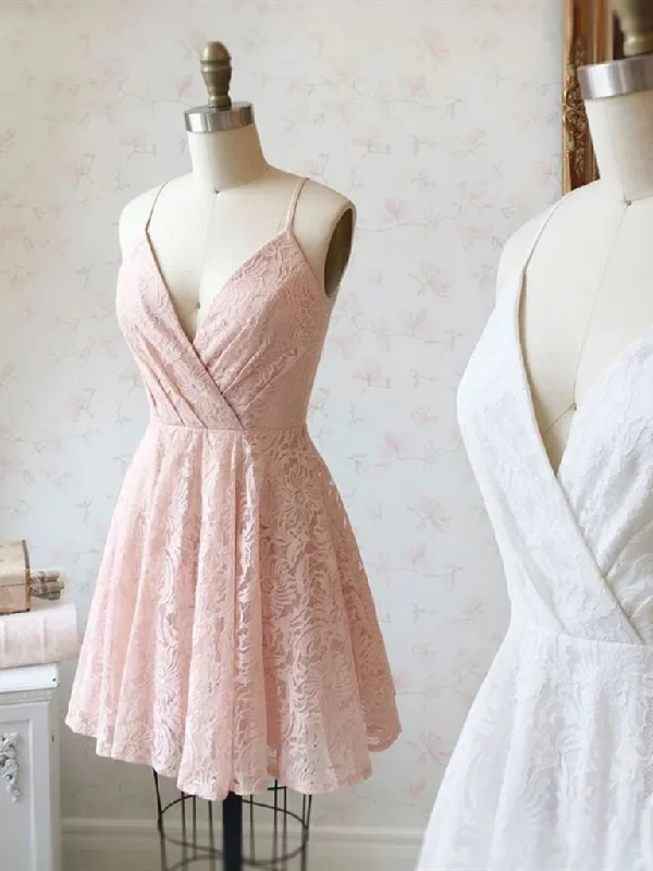 V Neck Pink/White Lace Short Prom Dresses,Short Lace Homecoming Dresses, Pink/White Lace Formal Graduation Evening Dresses, Cocktail Dresses V Neck Pink/White Lace Short Prom Dresses,Short Lace Homecoming Dresses, Pink/White Lace Formal Graduation Evening Dresses, Cocktail Dresses