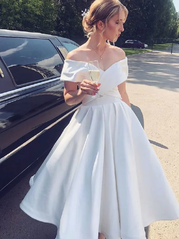 White Satin Off the Shoulder Tea Length Prom Dresses, Off Shoulder White Formal Graduation Homecoming Dresses White Satin Off the Shoulder Tea Length Prom Dresses, Off Shoulder White Formal Graduation Homecoming Dresses