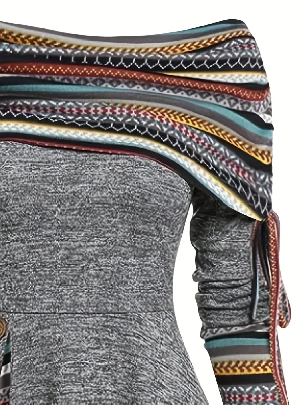 Grey and Multicolor Knit Dress with A-line Silhouette