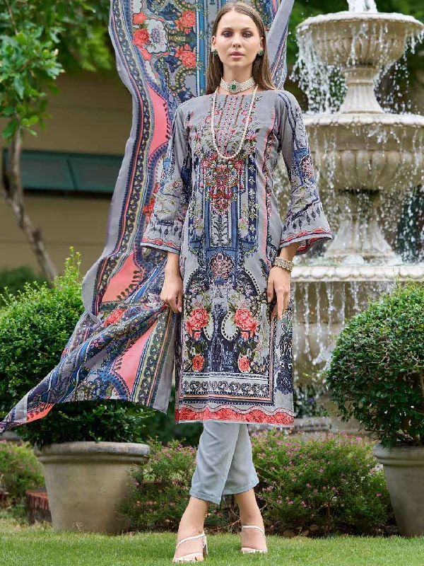 Women's Pakistani Print Grey Unstitched Cotton Suit Dress Material