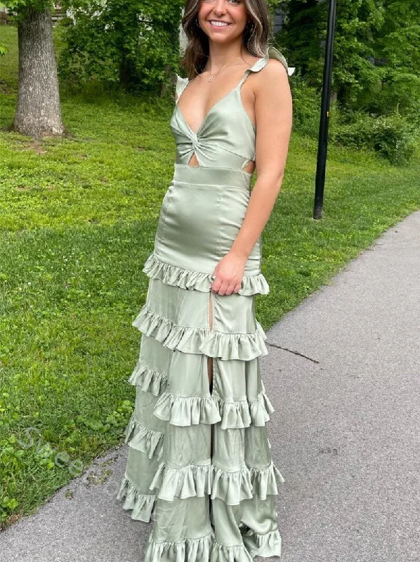 Sage Ruffle V-neck Side Slit Sleeveless A-line Long Floor Length Prom Dress,SWS2345