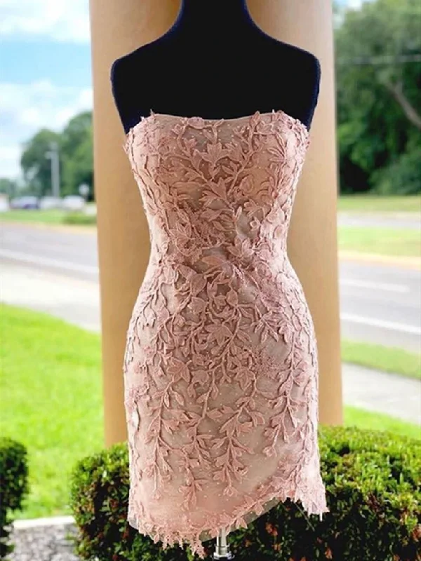 Strapless Pink Lace Short Prom Dresses, Short Pink Lace Formal Graduation Homecoming Dresses, Cocktail Dresses Strapless Pink Lace Short Prom Dresses, Short Pink Lace Formal Graduation Homecoming Dresses, Cocktail Dresses