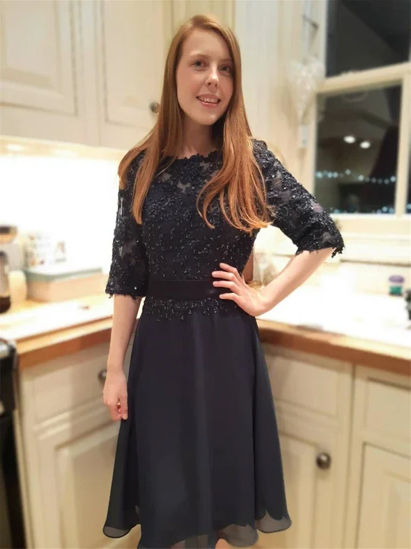 A Line Short Black Lace Half Sleeves Beaded Prom Dresses, Short Sleeves Black Lace Formal Evening Graduation Homecoming Dresses A Line Short Black Lace Half Sleeves Beaded Prom Dresses, Short Sleeves Black Lace Formal Evening Graduation Homecoming Dresses
