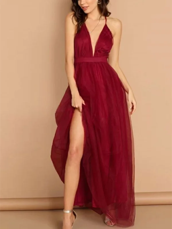 Simple V Neck Burgundy Backless Tulle Long Prom Dresses, Open Back V Neck Burgundy Tulle Long Formal Evening Dresses Simple V Neck Burgundy Backless Tulle Long Prom Dresses, Open Back V Neck Burgundy Tulle Long Formal Evening Dresses