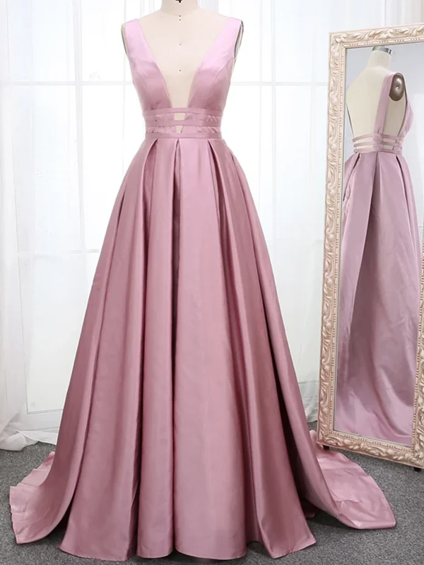 A Line Simple Pink V Neck Sleeveless Long Satin Prom Dresses, Ruched V Neck Sleeveless Long Satin Formal Evening Dresses A Line Simple Pink V Neck Sleeveless Long Satin Prom Dresses, Ruched V Neck Sleeveless Long Satin Formal Evening Dresses