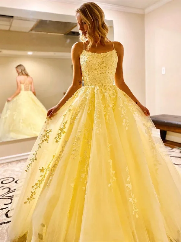Yellow Backless Tulle Lace Long Prom Dresses, Open Back Yellow Lace Formal Evening Dresses Yellow Backless Tulle Lace Long Prom Dresses, Open Back Yellow Lace Formal Evening Dresses