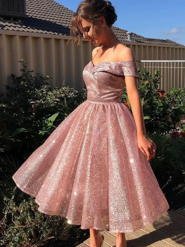 Off Shoulder Knee Length Rose Pink Prom Dresses, Off The Shoulde Sparkly Pink Formal Graduation Homecoming Dresses Off Shoulder Knee Length Rose Pink Prom Dresses, Off The Shoulde Sparkly Pink Formal Graduation Homecoming Dresses