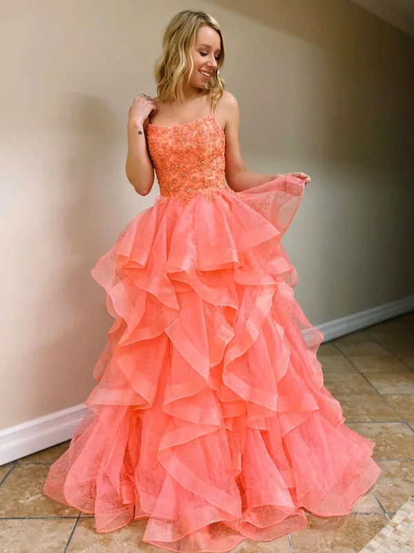 A Line Coral Backless Tulle Beaded Long prom Gowns, Coral Beaded Prom Dresses, Open Back Coral Formal Evening Dresses A Line Coral Backless Tulle Beaded Long prom Gowns, Coral Beaded Prom Dresses, Open Back Coral Formal Evening Dresses