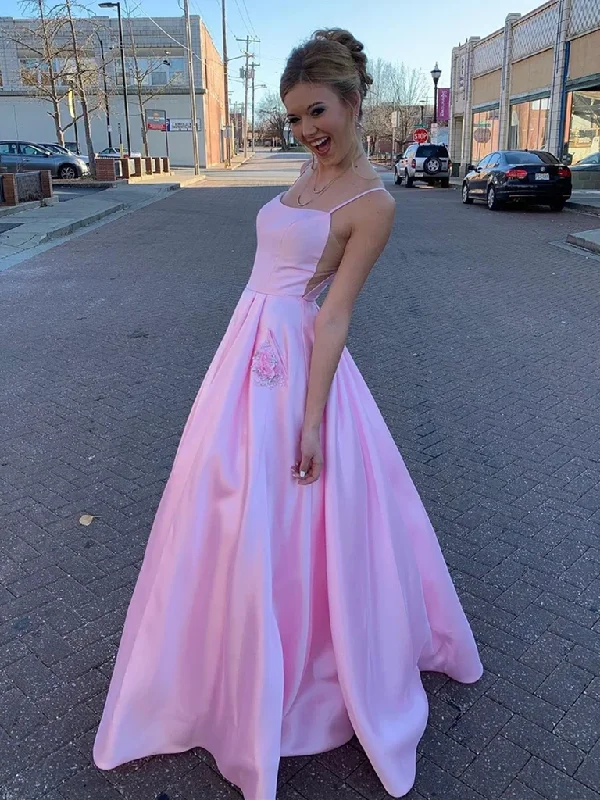 A Line Pink Satin Long Prom Dresses with Pockets, Pink Satin Long Formal Evening Graduation Dresses A Line Pink Satin Long Prom Dresses with Pockets, Pink Satin Long Formal Evening Graduation Dresses