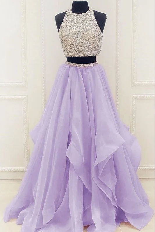 2 Piece Beads Lilac Hi-lo Tiered Skirt Quinceanera Dresses Prom Gowns