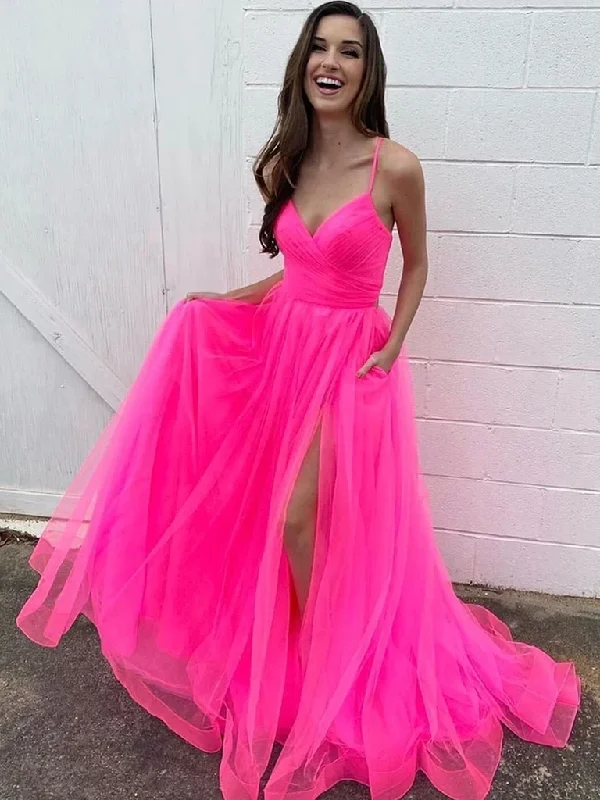 V Neck Hot Pink Long Prom Dresses with High Leg Slit, V Neck Hot Pink Formal Evening Dresses V Neck Hot Pink Long Prom Dresses with High Leg Slit, V Neck Hot Pink Formal Evening Dresses