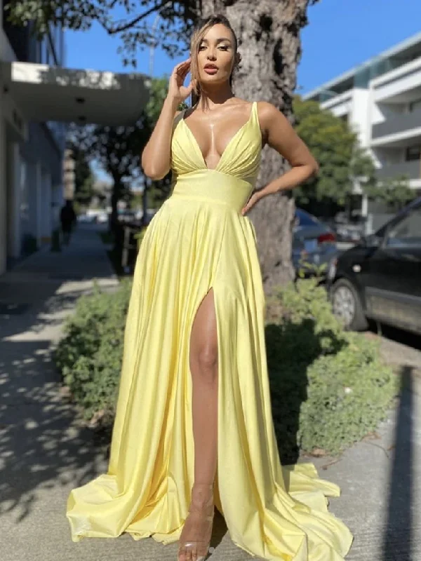 Sexy Deep V Neck Backless Yellow Long Prom Dresses with Leg Slit, Open Back Yellow Formal Dresses, Yellow Graduation Evening Dresses Sexy Deep V Neck Backless Yellow Long Prom Dresses with Leg Slit, Open Back Yellow Formal Dresses, Yellow Graduation Evening Dresses
