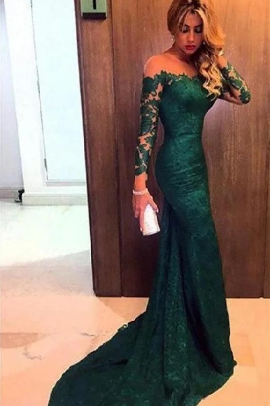 Mermaid Dark Green Long Sleeve Lace Prom Dresses Evening Gown