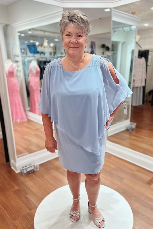 Mist Draped Sleeves Cold Shoulder Chiffon Knee-Length Mother of Bride Dress