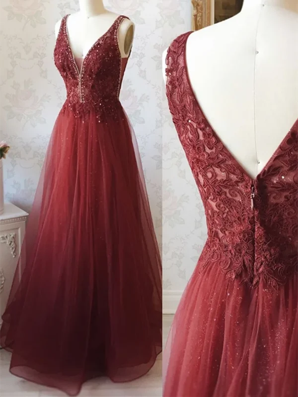 A Line V Neck Burgundy Tulle Lace Long Prom Dresses, V Neck Burgundy Tulle Lace Long Formal Evening Dresses A Line V Neck Burgundy Tulle Lace Long Prom Dresses, V Neck Burgundy Tulle Lace Long Formal Evening Dresses