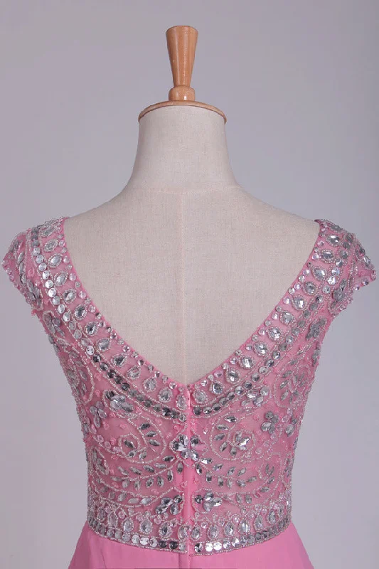 2024 Scoop Prom Dresses Cap Sleeves A Line With Beading PHM63TKB