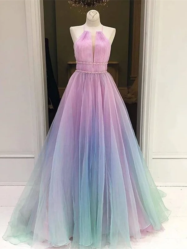 Ombre Spaghetti Straps Sleeveless Tulle Long Prom Dresses, Halter Neck Multi Color Formal Evening Dresses Ombre Spaghetti Straps Sleeveless Tulle Long Prom Dresses, Halter Neck Multi Color Formal Evening Dresses