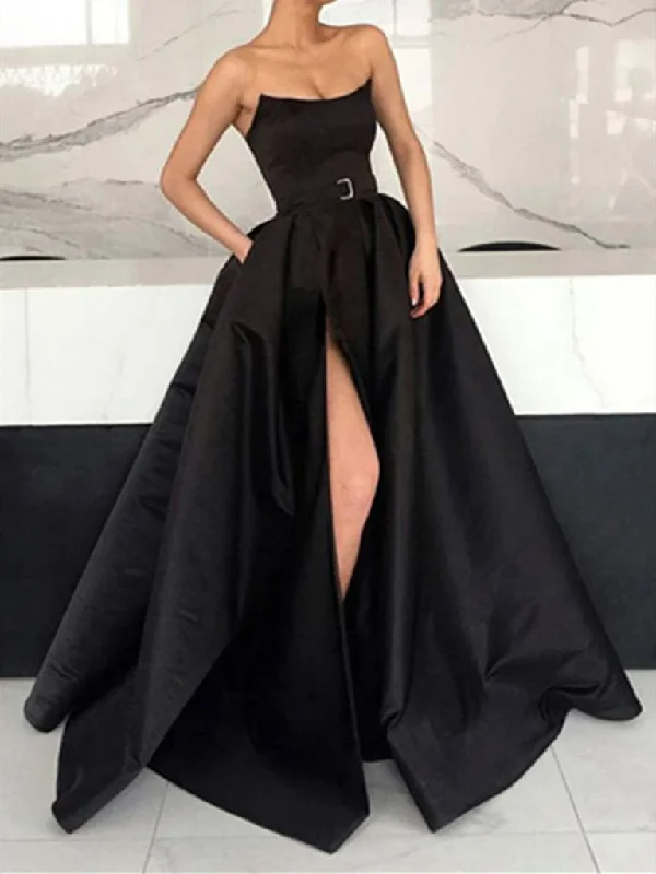 Strapless Black Long Satin Prom Dresses with High Leg Slit, Long Strapless Black Satin Formal Evening Graduation Dresses Strapless Black Long Satin Prom Dresses with High Leg Slit, Long Strapless Black Satin Formal Evening Graduation Dresses