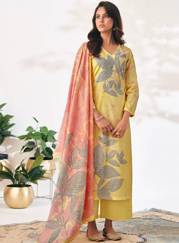Women Yellow Pure Cotton Lawn Printed Unstitched Suit Dress Material