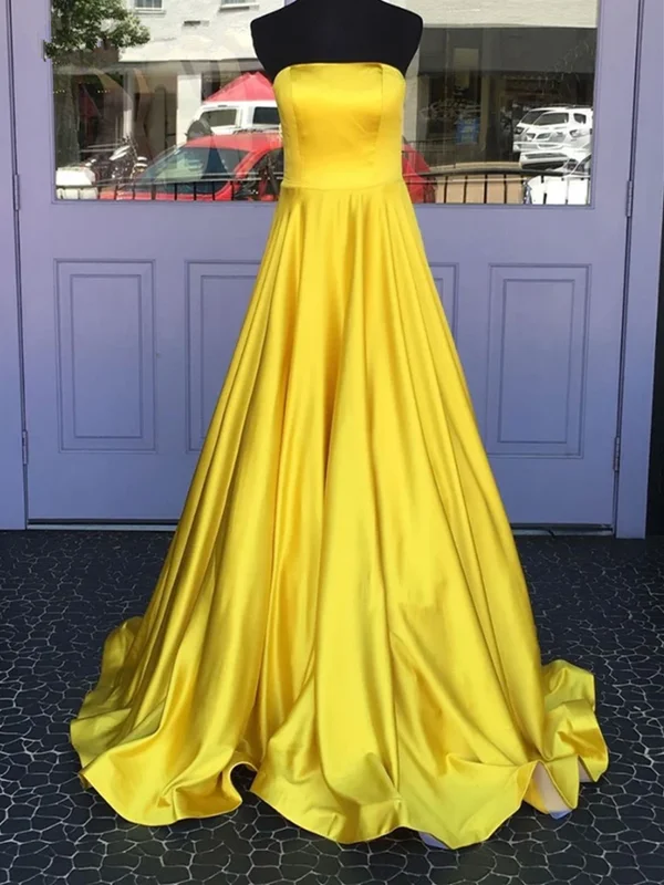 Simple Strapless Yellow Satin Long Prom Dresses, Strapless Yellow Satin Long Formal Evening Graduation Dresses Simple Strapless Yellow Satin Long Prom Dresses, Strapless Yellow Satin Long Formal Evening Graduation Dresses