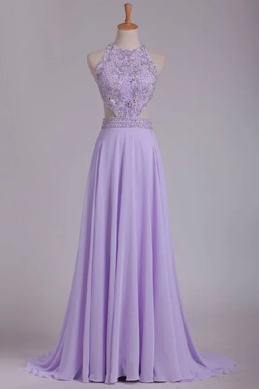 2024 Scoop Prom Dresses A Line Chiffon With Beading PH619B49
